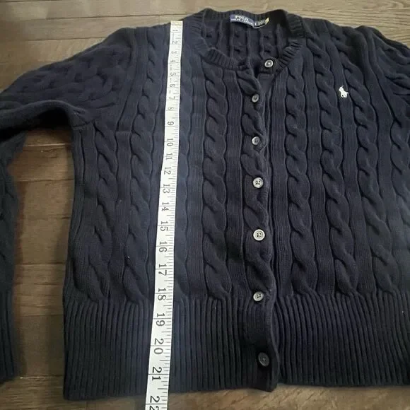 POLO RALPH LAUREN Women Cable-Knit Cotton Crewneck Cardigan Blue Large - Picture 7 of 7
